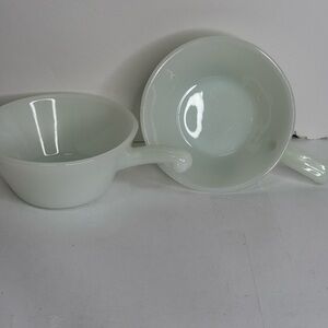 Vintage Anchor Hocking White Milk Glass Soup Bowls with handles. USA Set